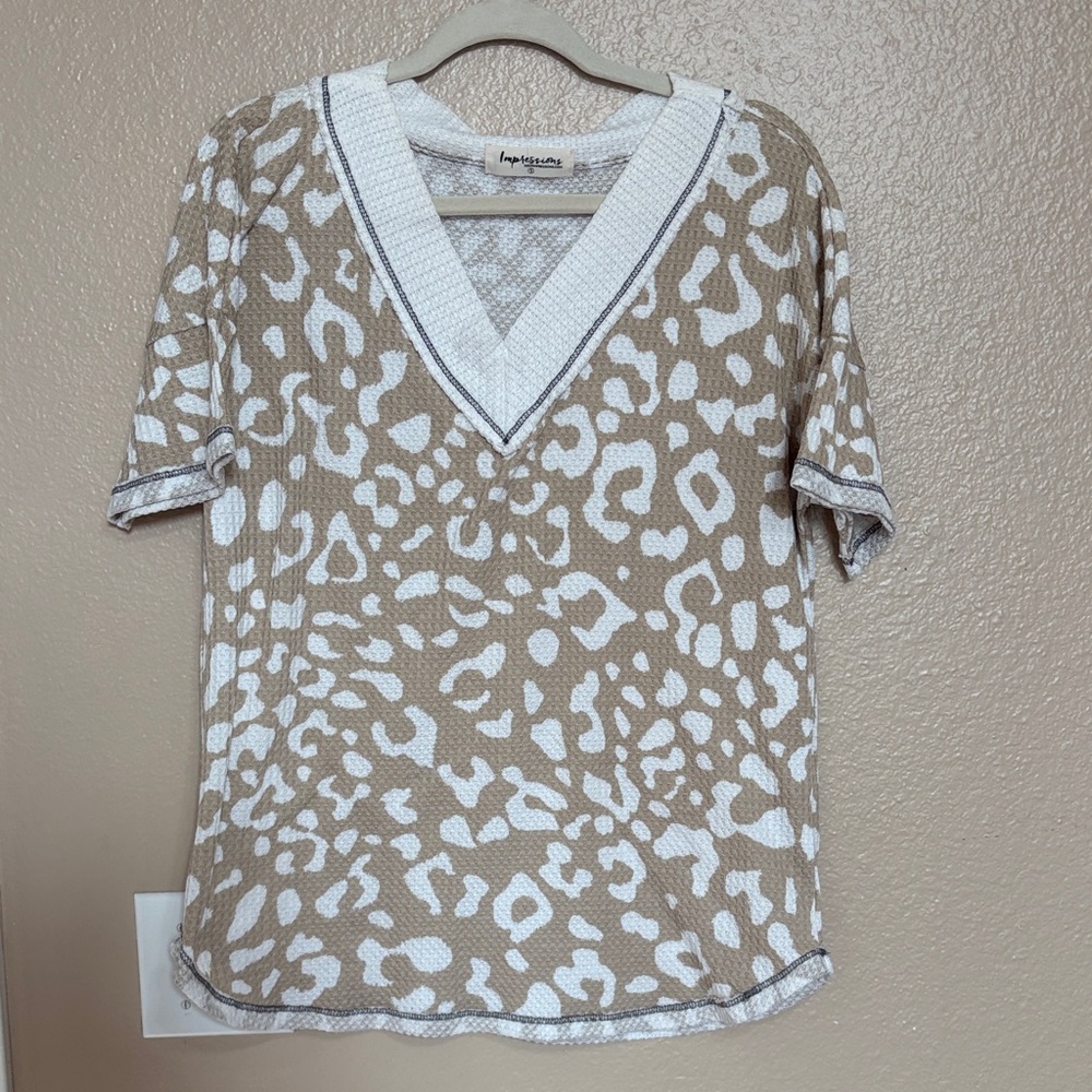 Impressions Tan and White Animal Print V-Neck Top